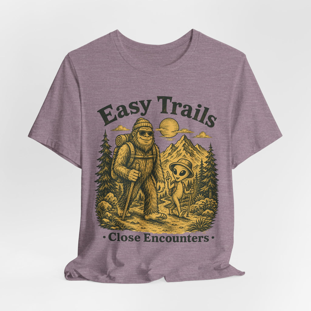Easy Trails Close Encounters Tee in Heather Mustard - Bigfoot alien friendship hiking shirt, Barely Outdoorsy Bella Canvas 3001