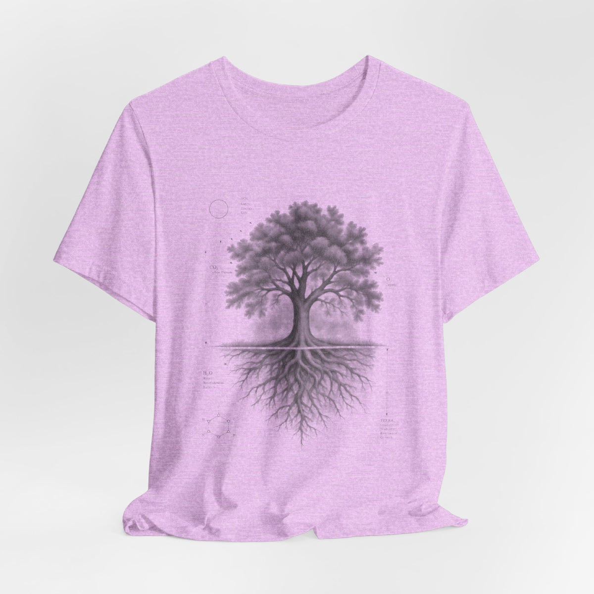 Tree of Life Photosynthesis Diagram Tee in Heather Peach detail - tree of life photosynthesis close-up graphic