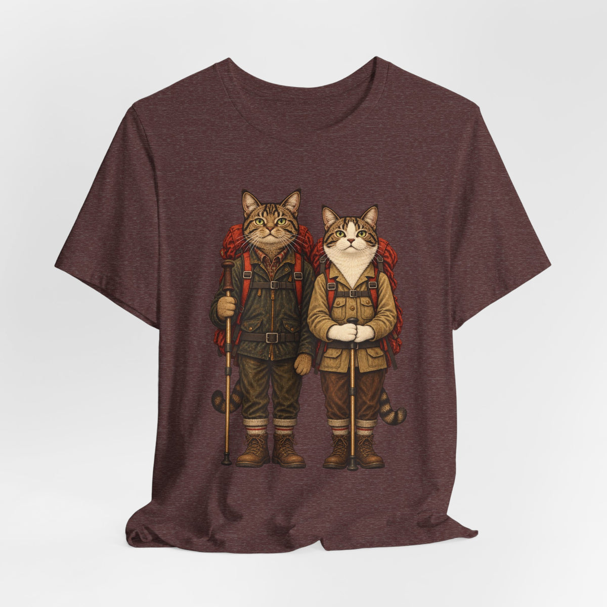 Cat Backpacker Buddies Tee in Heather Stone - funny cat hiking buddies shirt, Barely Outdoorsy Bella Canvas