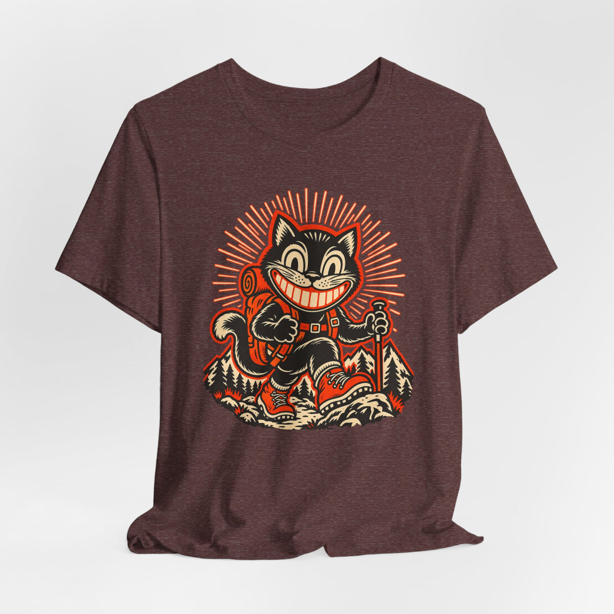 Grinning Black Cat Hiker T-Shirt in Heather Olive - funny grinning black cat hiking tee, Barely Outdoorsy