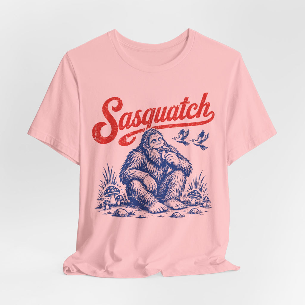 Vintage Sasquatch Woodland T-Shirt flat lay Athletic Heather - unisex crew neck vintage Bigfoot graphic tee, Barely Outdoorsy