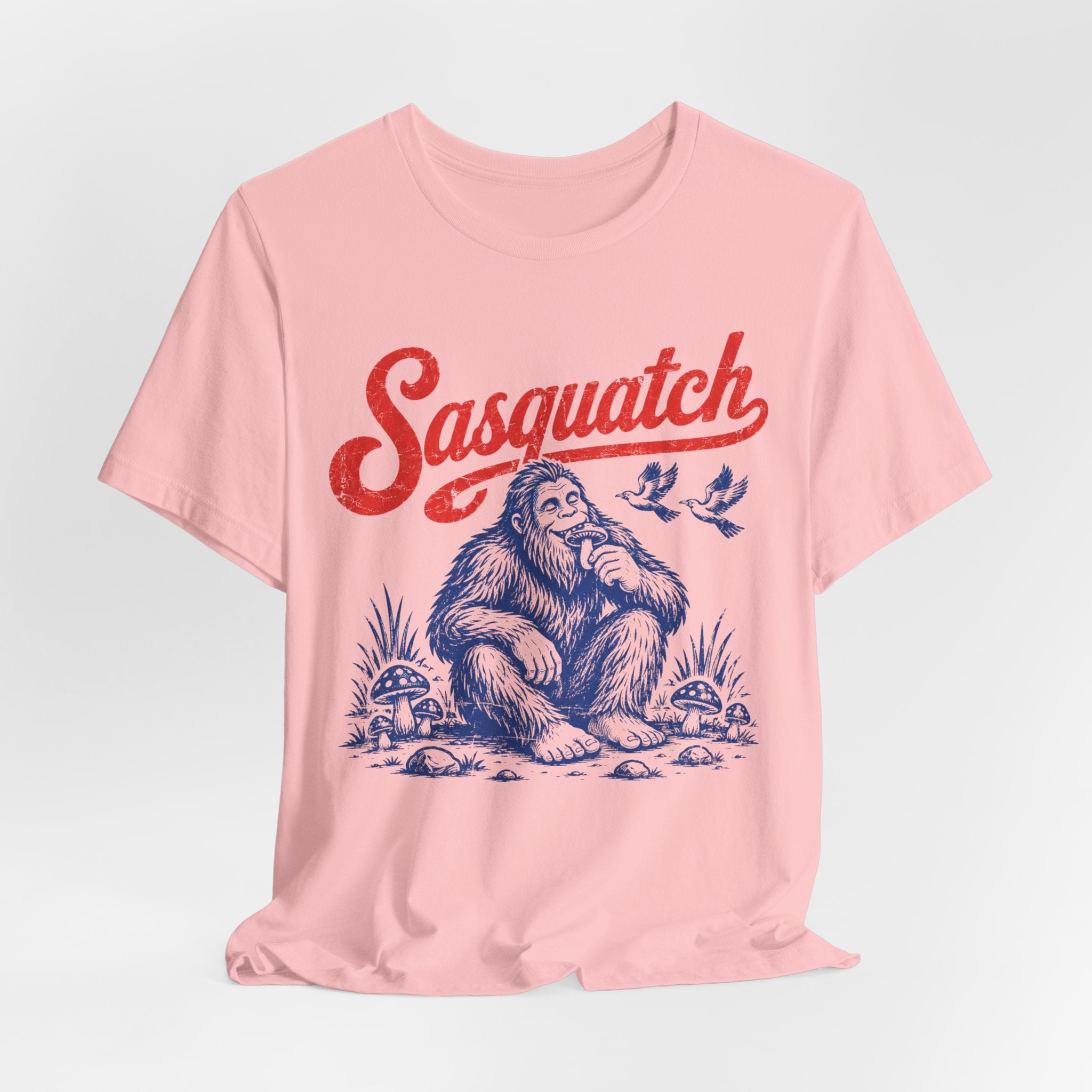 Vintage Sasquatch Woodland T-Shirt flat lay Athletic Heather - unisex crew neck vintage Bigfoot graphic tee, Barely Outdoorsy