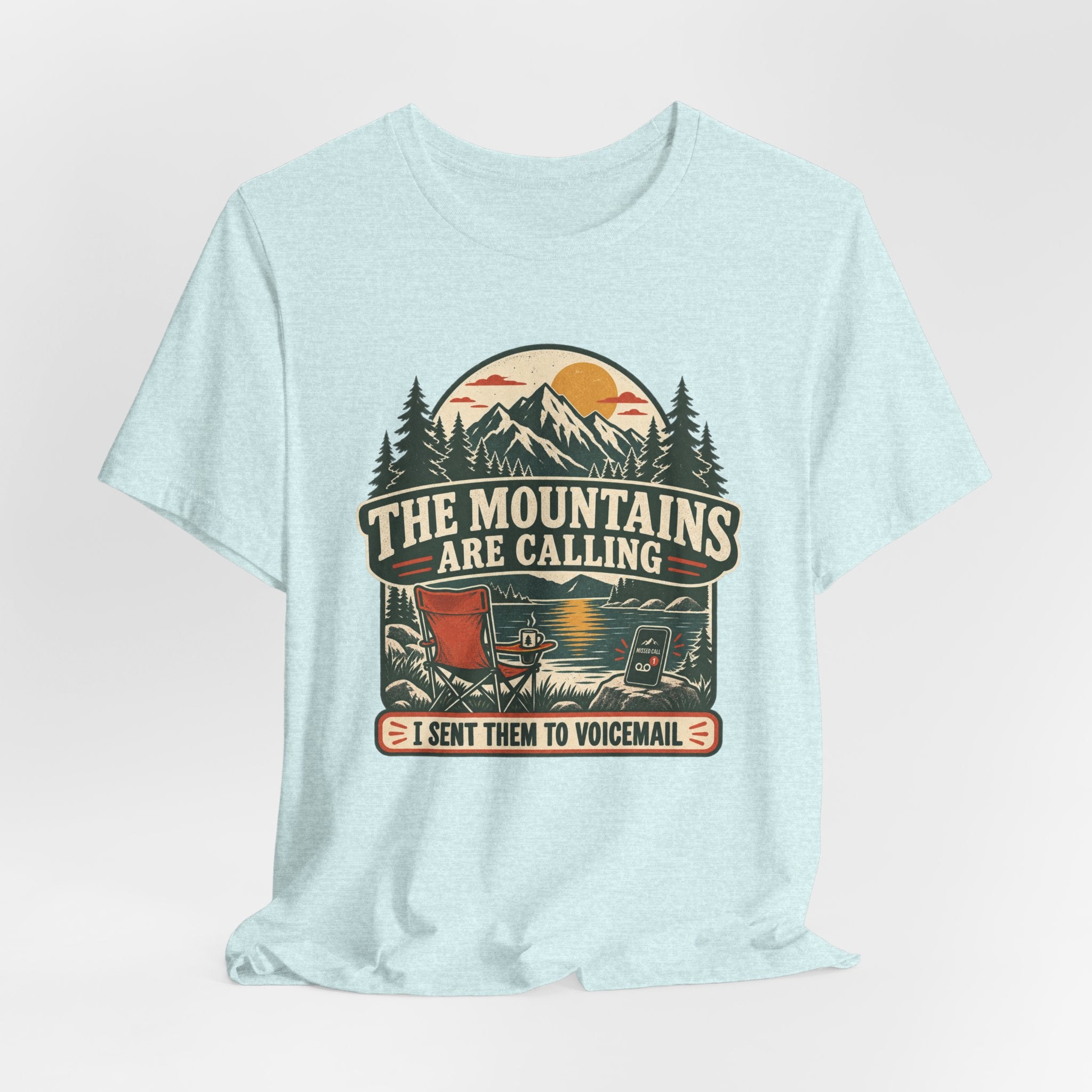 Mountains Are Calling Voicemail Tee flat lay Athletic Heather - unisex crew neck hiking humor graphic tee, Barely Outdoorsy