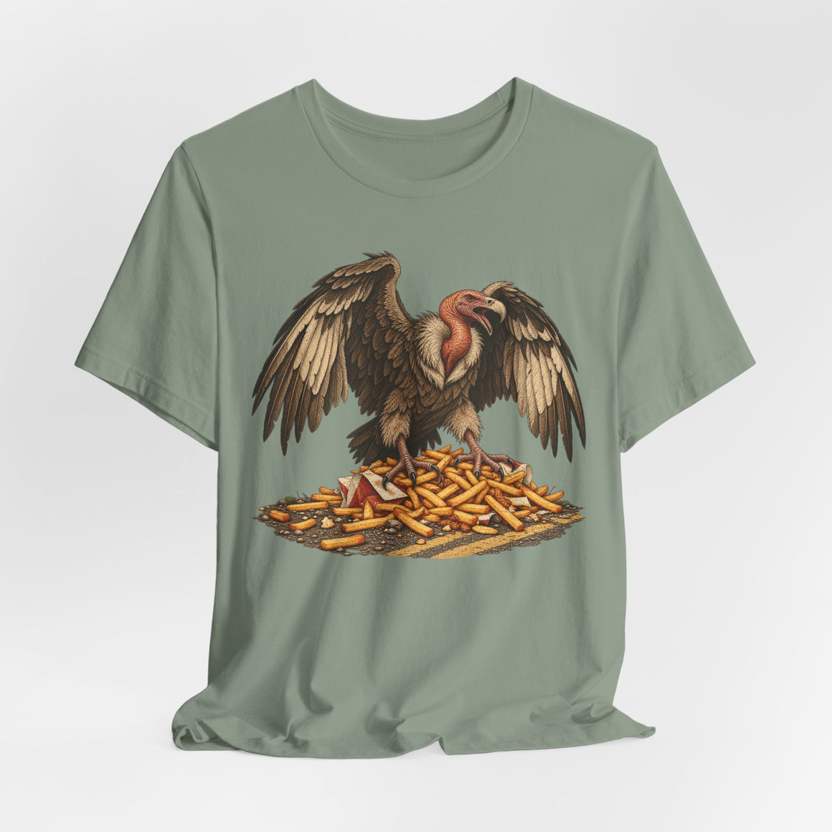 Roadside Fries Vulture T-Shirt in Heather Stone - funny vulture roadside fries scavenger humor graphic tee, Barely Outdoorsy