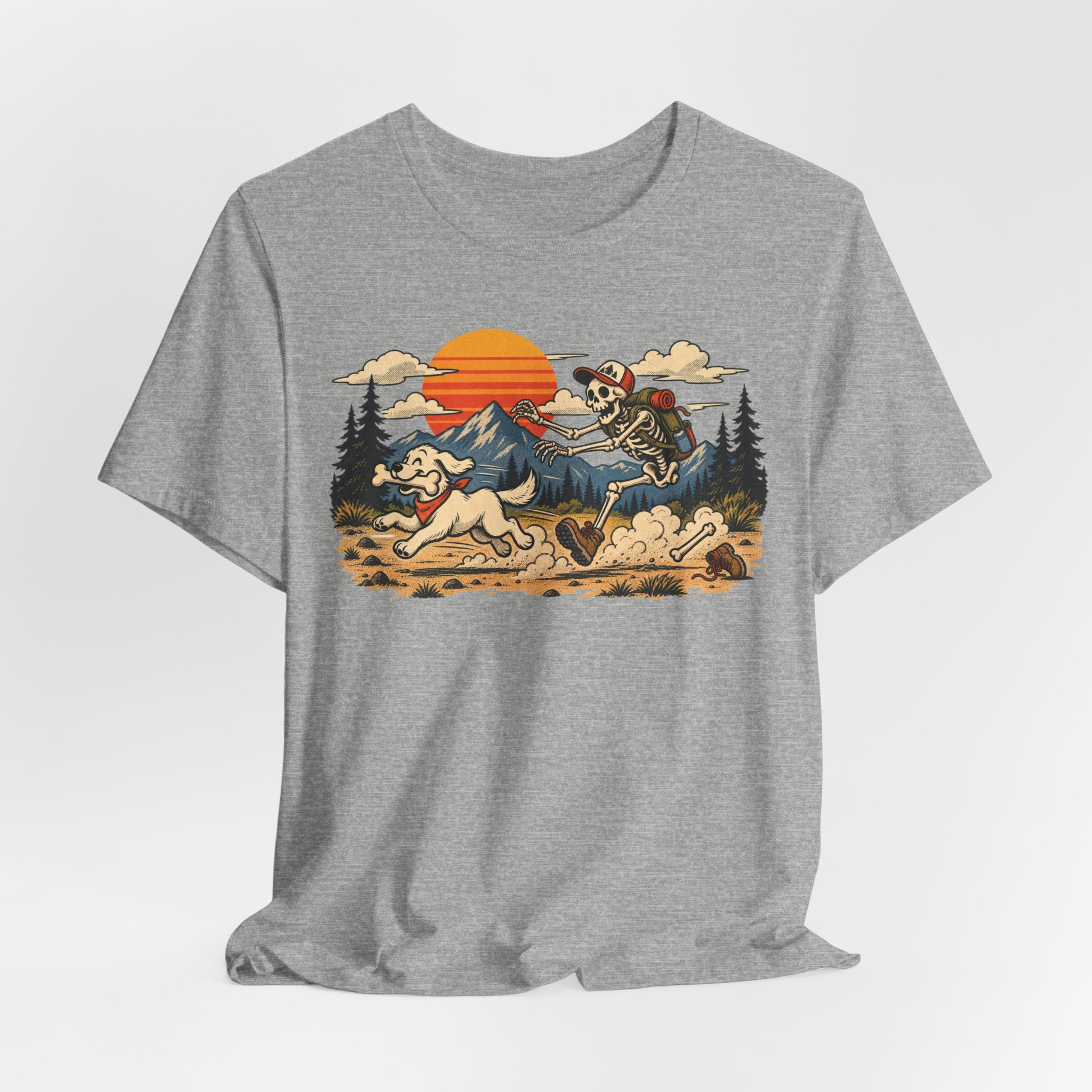 Skeleton Hiker Playing Fetch T-Shirt in Black worn shot - funny skeleton hiker dog dark humor tee, Barely Outdoorsy Bella Canvas