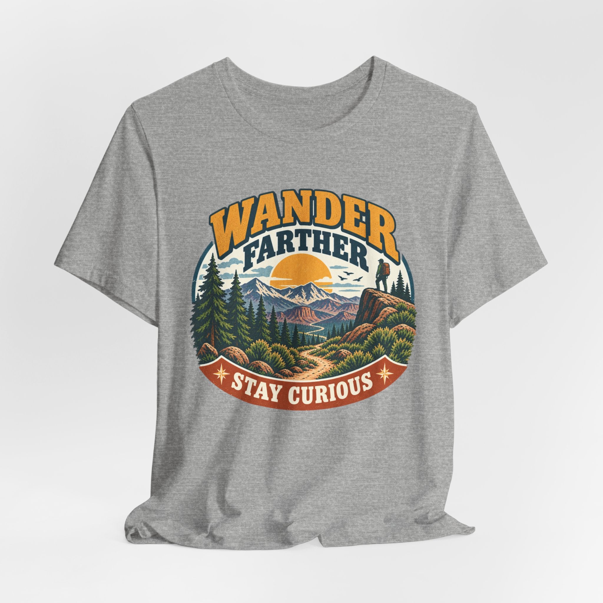 Wander Farther Stay Curious Tee in Black Heather - retro hiking wander curious shirt, Barely Outdoorsy Bella Canvas