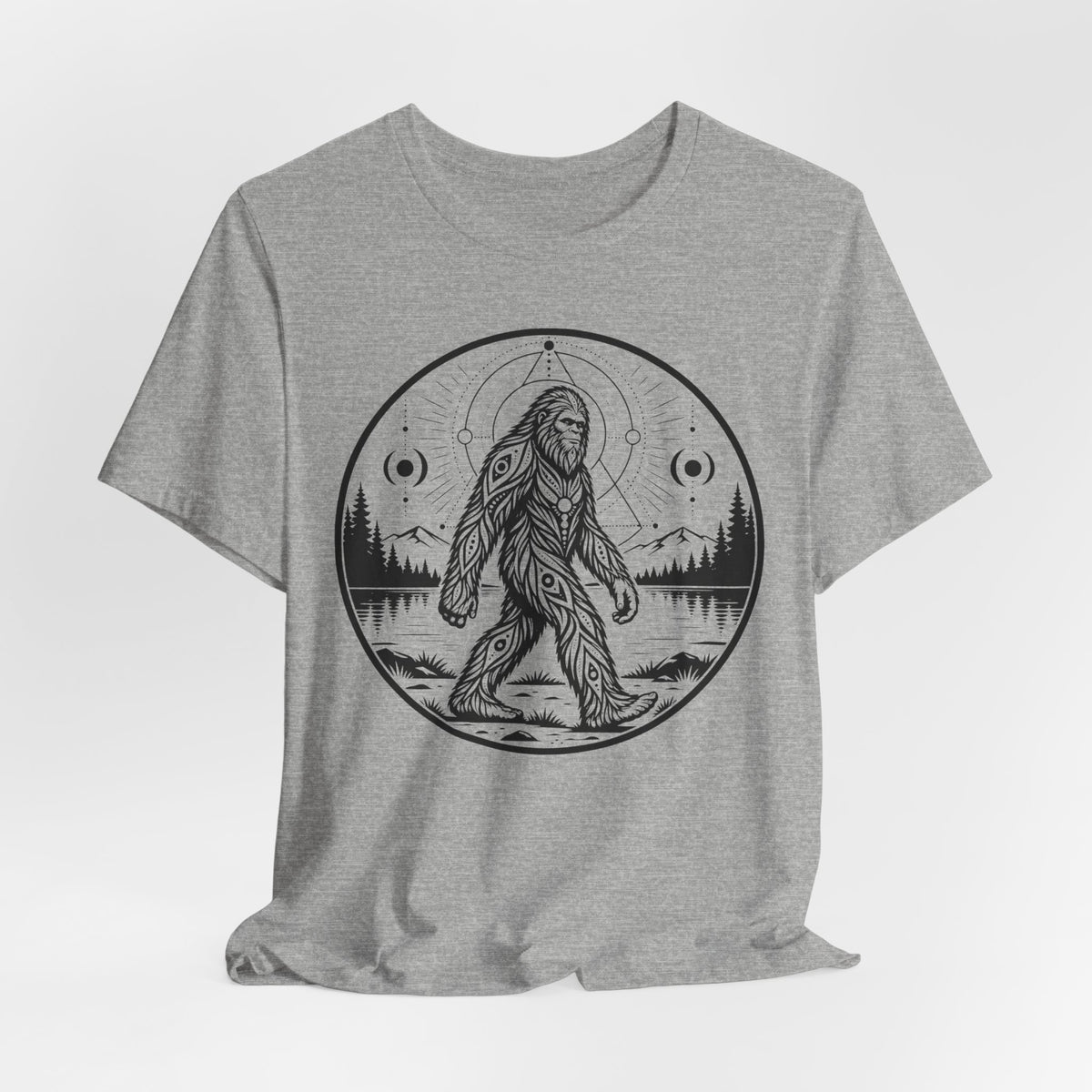 Celestial Bigfoot T-Shirt in Ash - celestial Sasquatch moon stars graphic tee, Barely Outdoorsy Bella Canvas