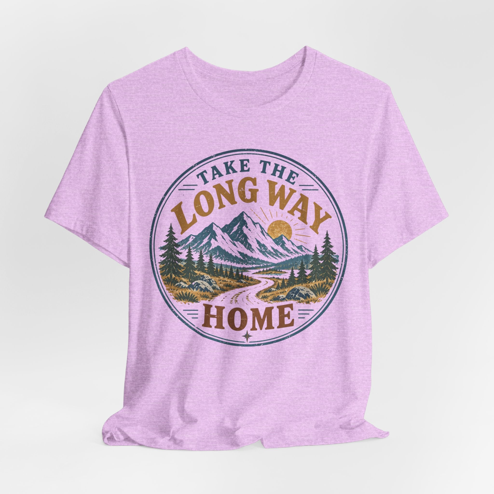 Take The Long Way Home Mountain Tee in Dark Grey Heather detail - retro mountain trail close-up graphic