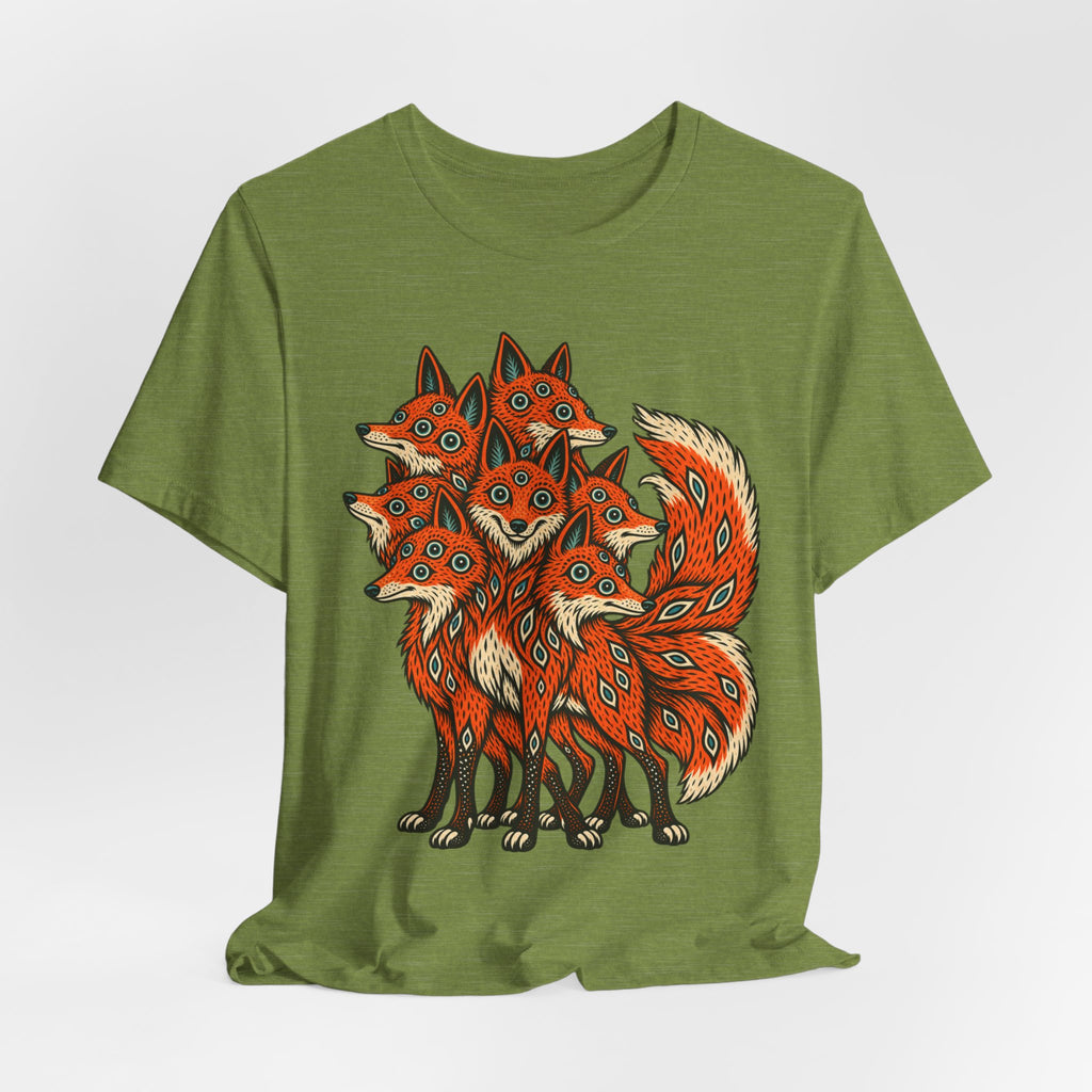 Many-Headed Folk Art Fox T-Shirt in Heather Dusty Blue - folk art mythic many-headed fox wildlife graphic tee, Barely Outdoorsy