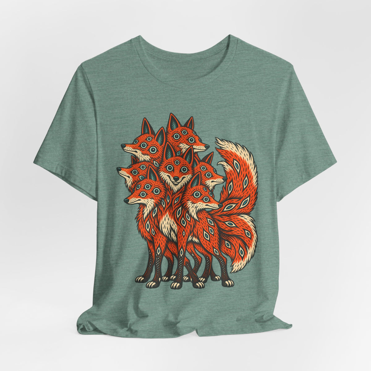Many-Headed Folk Art Fox T-Shirt in Heather Green - folk art mythic many-headed fox wildlife graphic tee, Barely Outdoorsy