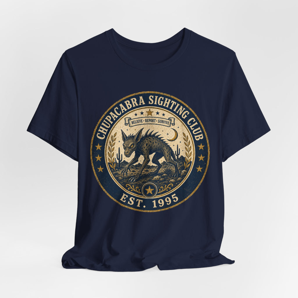 Chupacabra Sighting Club T-Shirt flat lay Dark Grey Heather - unisex crew neck cryptid graphic tee