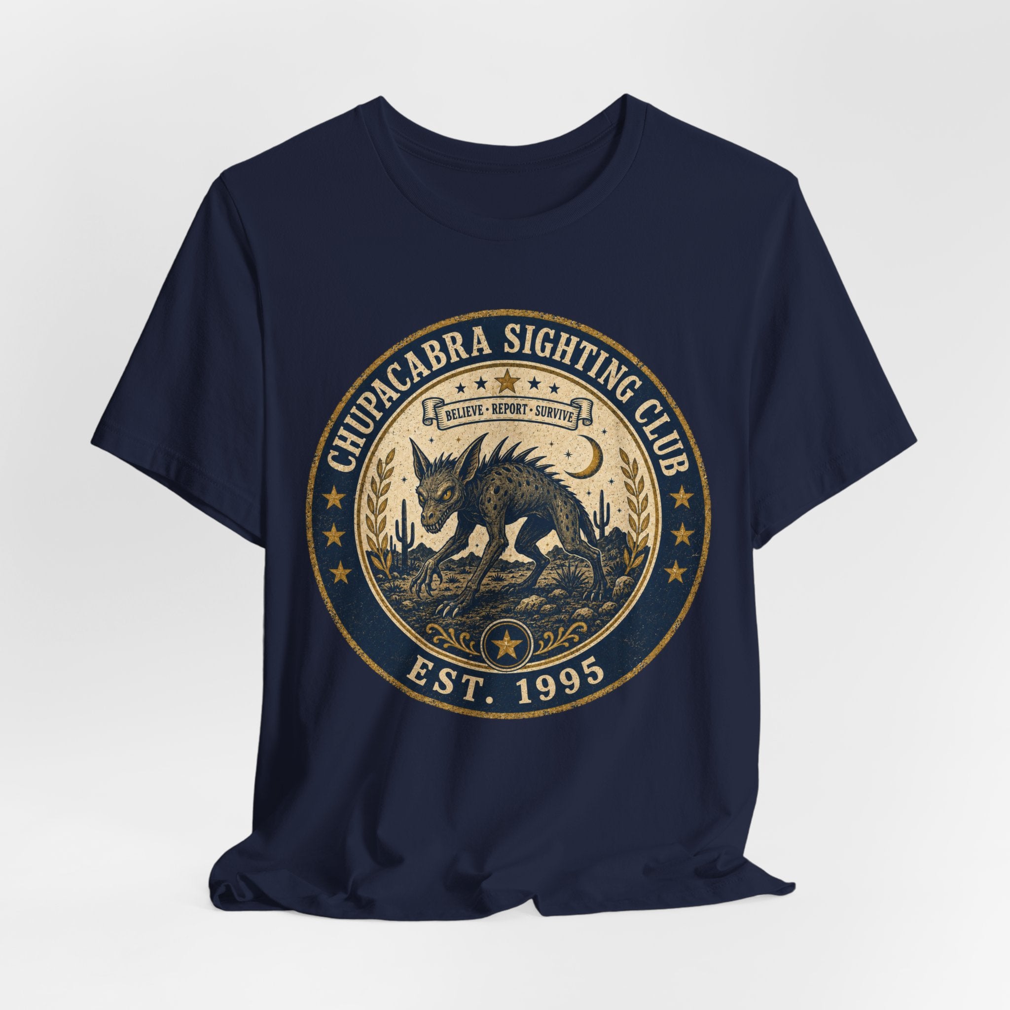 Chupacabra Sighting Club T-Shirt flat lay Dark Grey Heather - unisex crew neck cryptid graphic tee