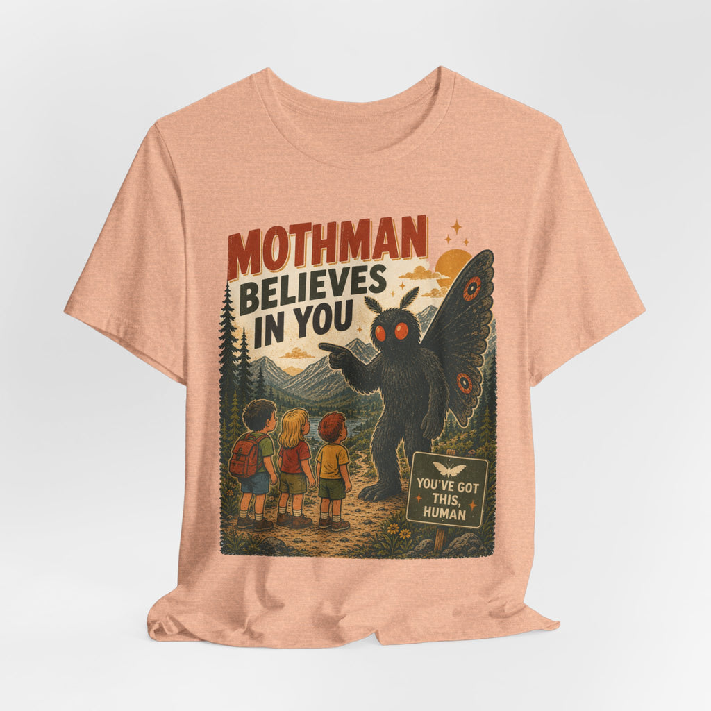 Mothman Believes In You T-Shirt in Black worn shot - funny Mothman cryptid encouragement tee, Barely Outdoorsy Bella Canvas