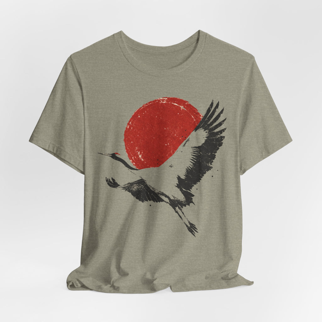 Red Crowned Crane Sumi-e Tee in Heather Dusty Blue - sumi-e crane red sun shirt, Barely Outdoorsy Bella Canvas 3001