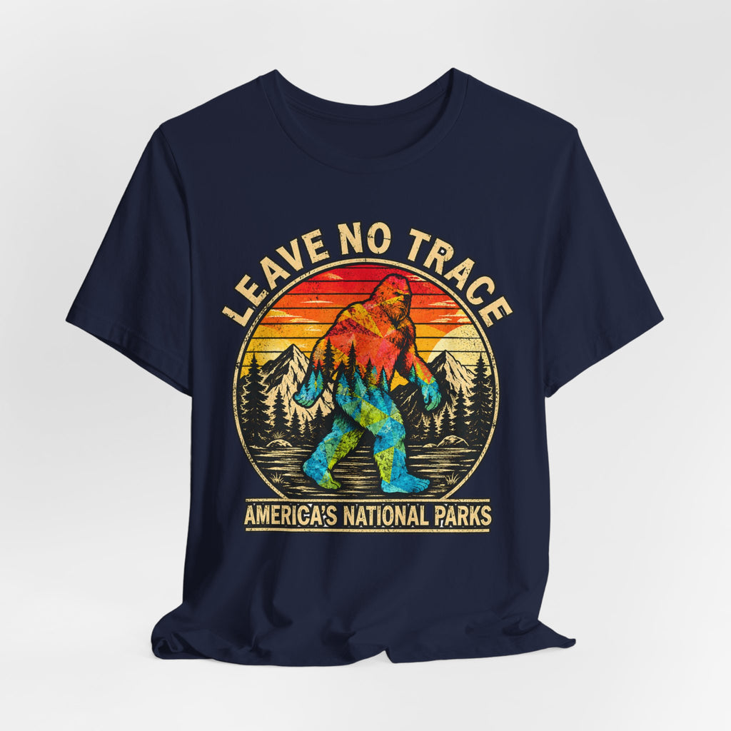 Leave No Trace Bigfoot Tee flat lay Dark Grey Heather - unisex crew neck Bigfoot national park graphic tee, Barely Outdoorsy
