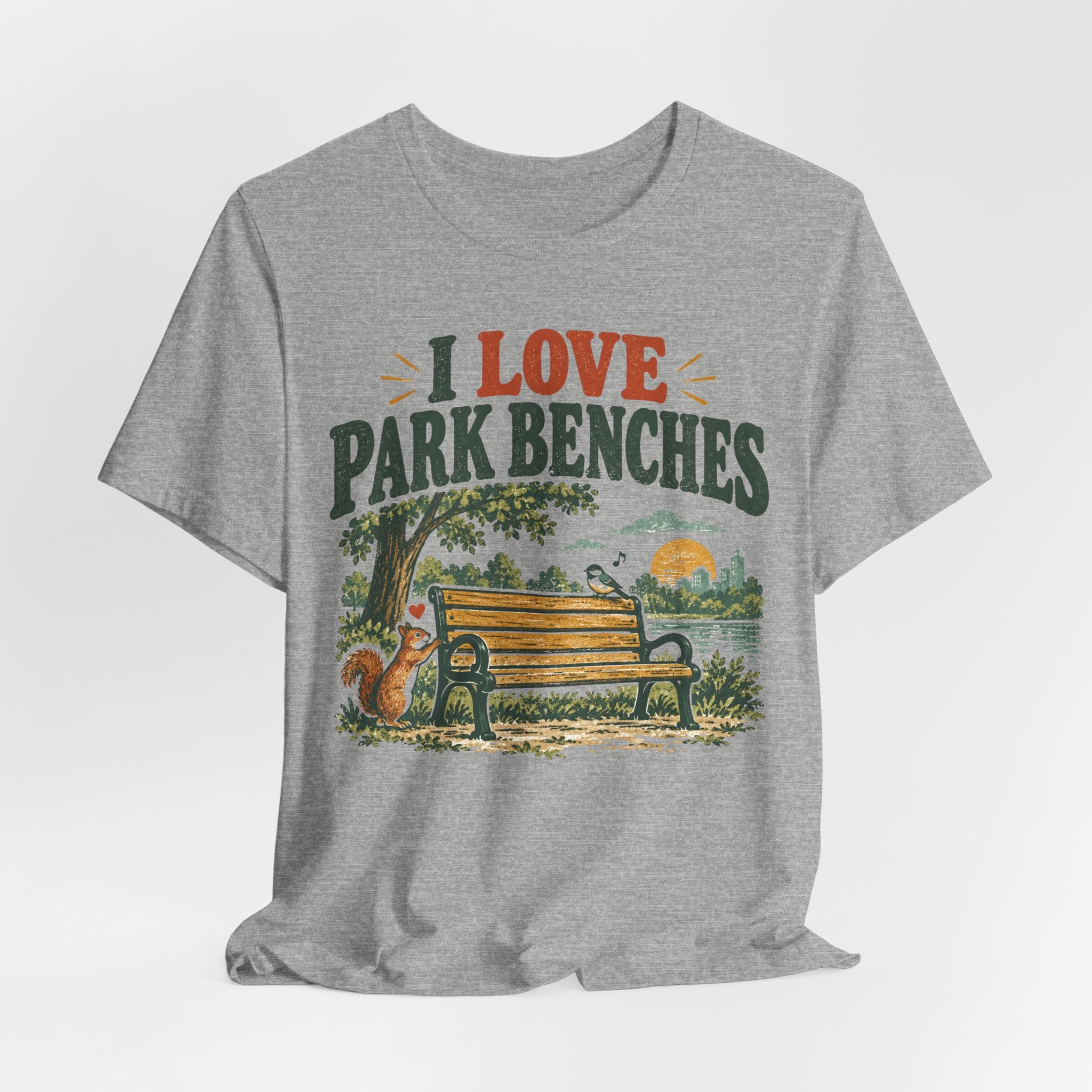 I Love Park Benches T-Shirt in Heather Prism Lilac - funny park bench graphic tee, Barely Outdoorsy
