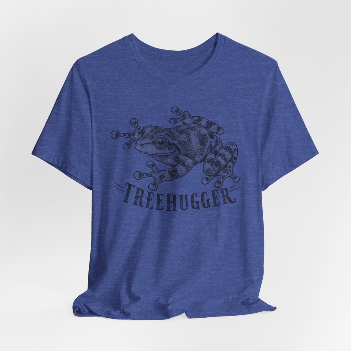 Treehugger Tree Frog T-Shirt in Heather True Royal detail - funny tree frog treehugger close-up graphic