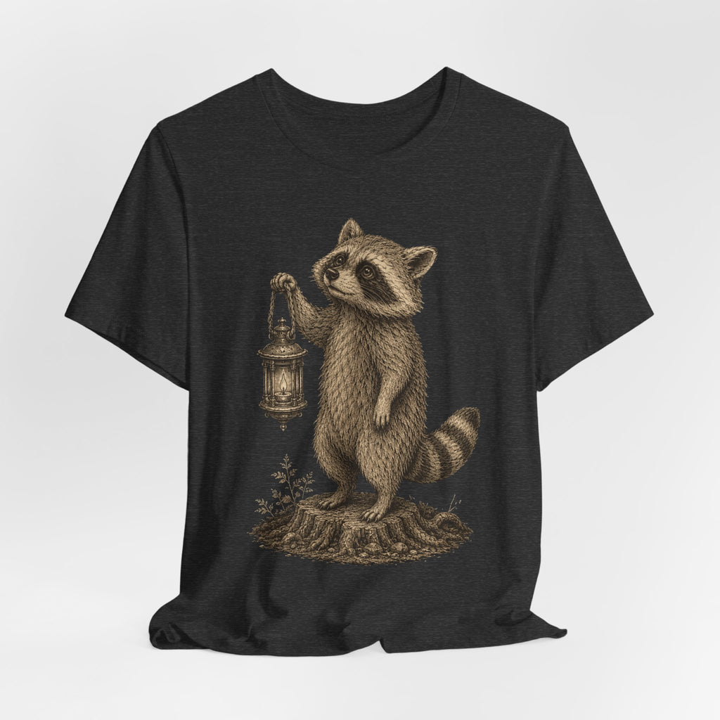 Raccoon Lantern T-Shirt in White detail - vintage raccoon lantern moonlit close-up graphic