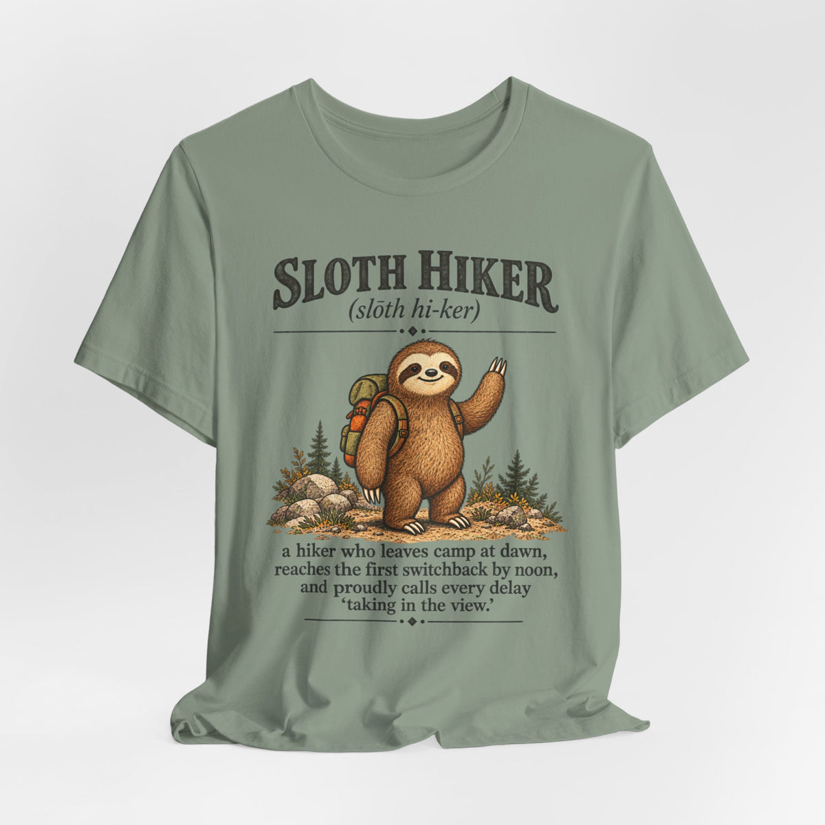 Sloth Hiker Tee flat lay Heather Tan - unisex crew neck sloth hiking graphic tee, Barely Outdoorsy