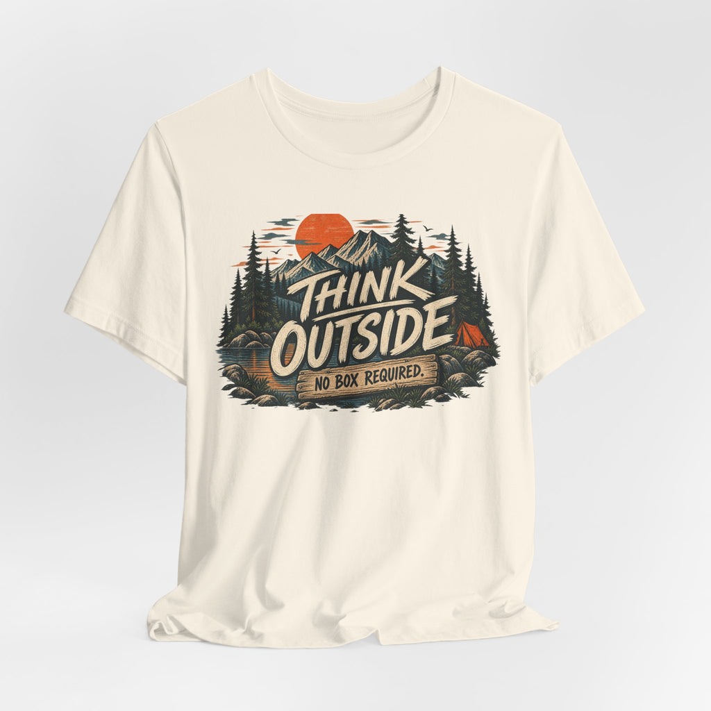 Think Outside No Box Required Tee in Pink - funny nature thinking pun shirt, Barely Outdoorsy Bella Canvas 3001