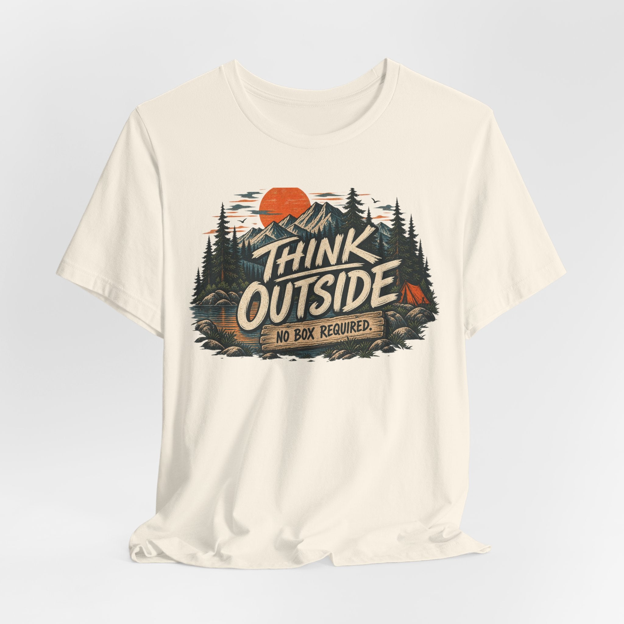 Think Outside No Box Required Tee in Pink - funny nature thinking pun shirt, Barely Outdoorsy Bella Canvas 3001