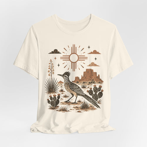 Desert Roadrunner Tee in Heather True Royal - retro linocut roadrunner yucca prickly pear shirt, Barely Outdoorsy