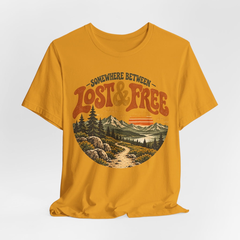 Somewhere Between Lost Free T-Shirt in Heather True Royal - retro adventure mountain graphic tee, Barely Outdoorsy Bella Canvas