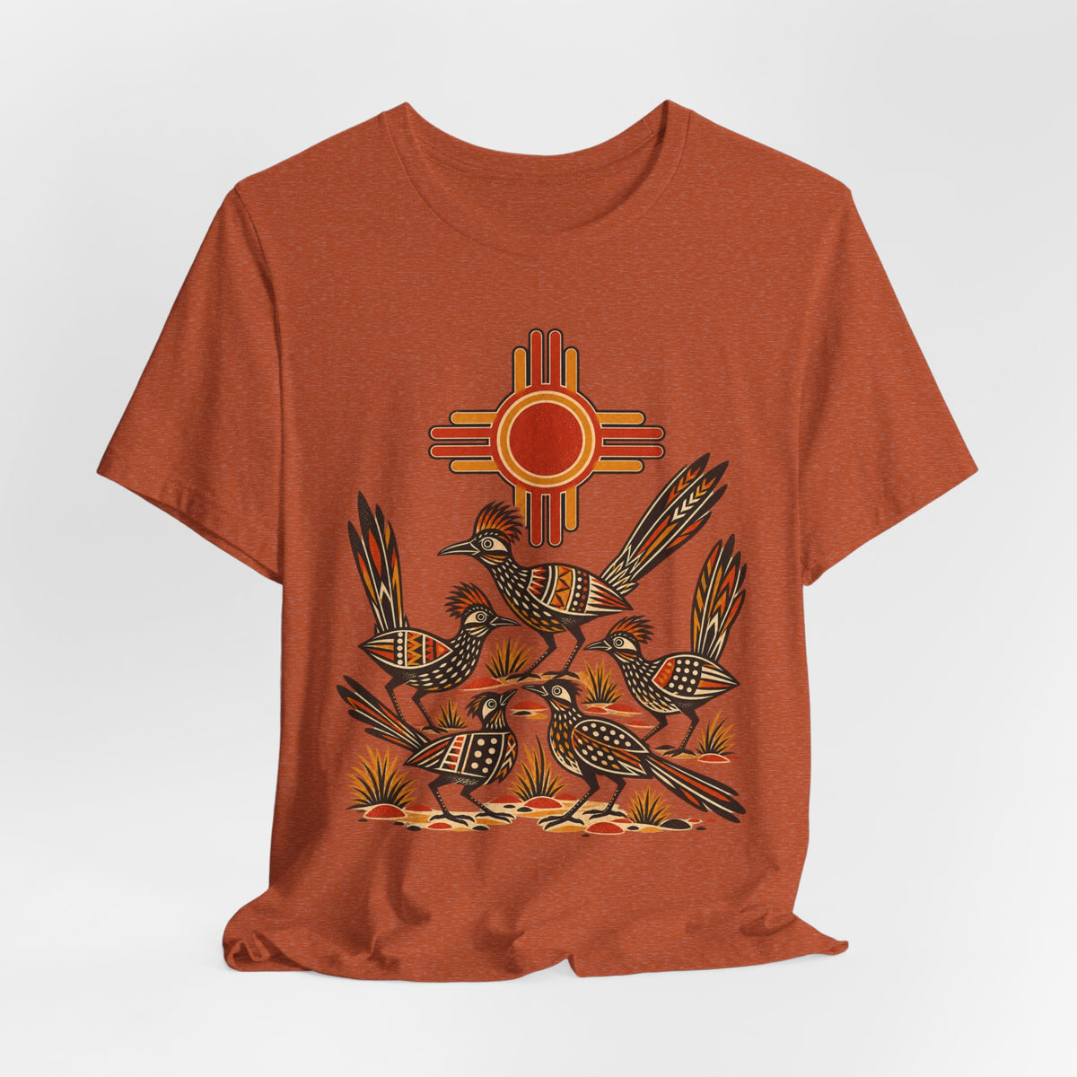 New Mexico Roadrunner Sun T-Shirt in Heather Purple - Southwest New Mexico roadrunner sun graphic tee, Barely Outdoorsy