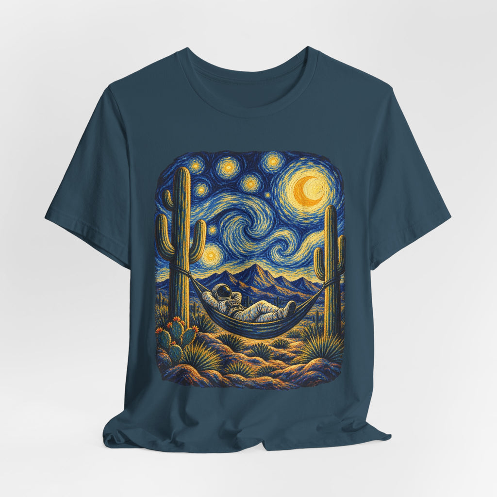 Starry Night Desert Astronaut T-Shirt in Black Heather - Southwest desert astronaut starry night space graphic tee, Barely Outdoorsy
