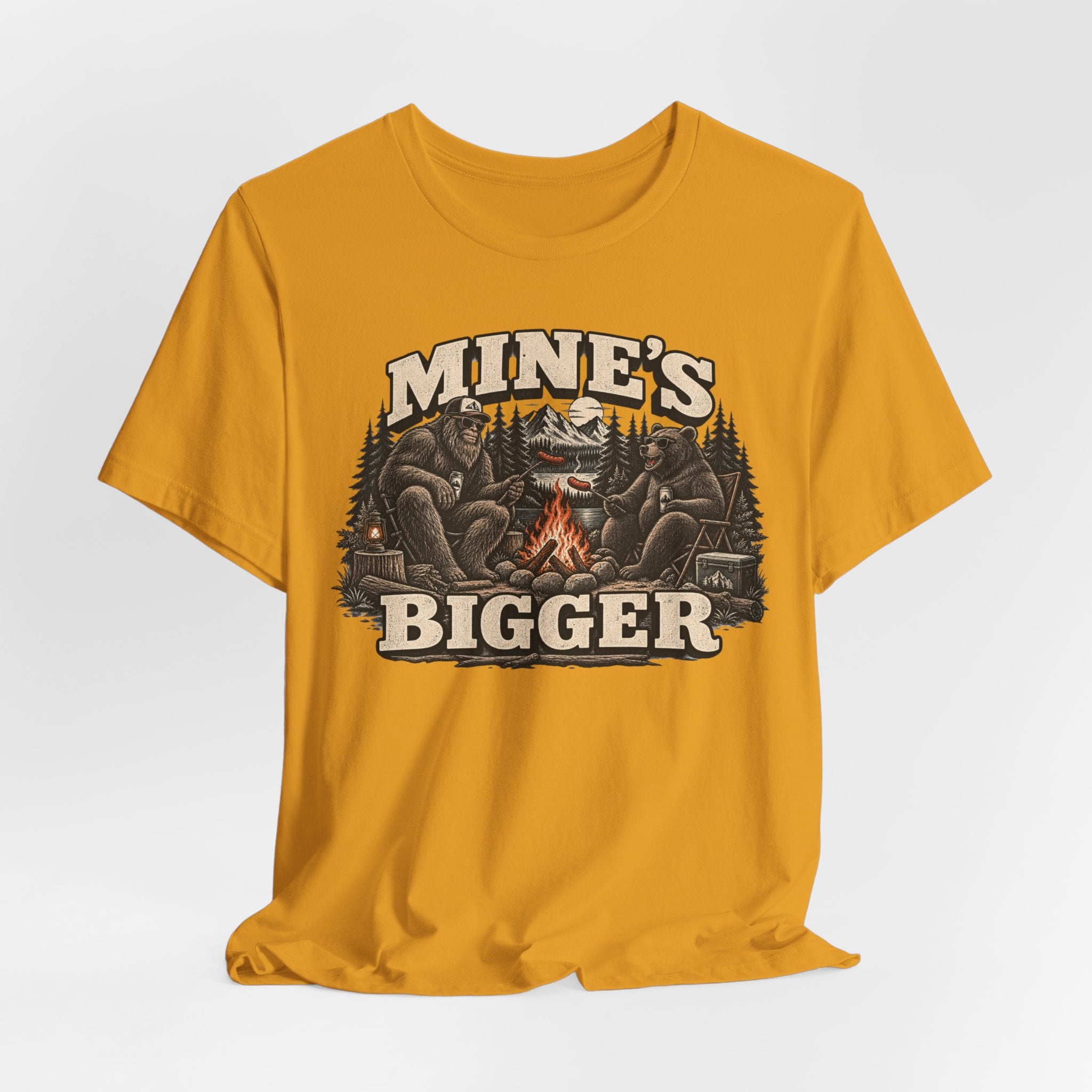 Mine's Bigger Bigfoot Tee in Athletic Heather - funny Sasquatch campfire shadow shirt, Barely Outdoorsy