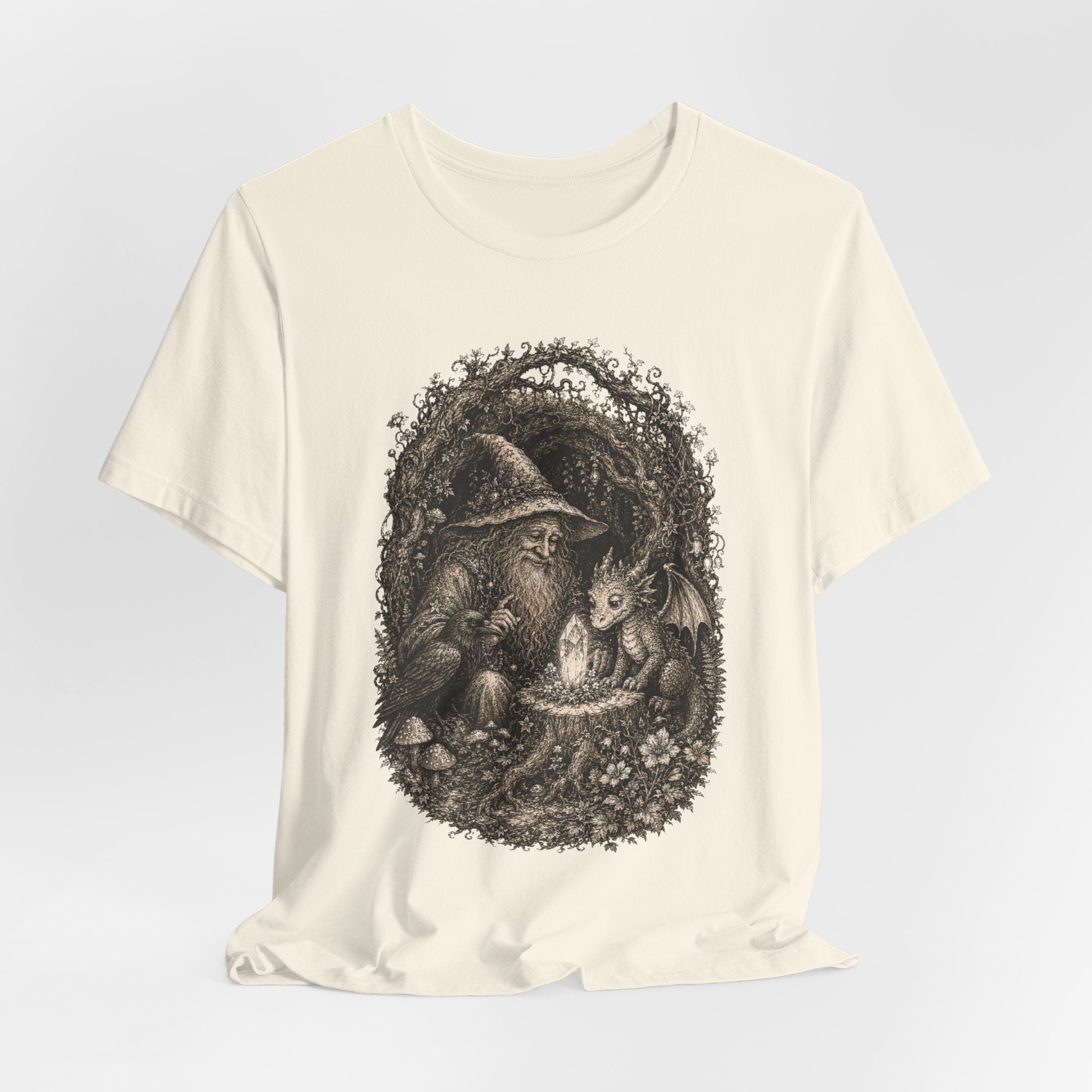 Wizard and Dragon T-Shirt in Pink - painterly fantasy wizard dragon graphic tee, Barely Outdoorsy Bella Canvas