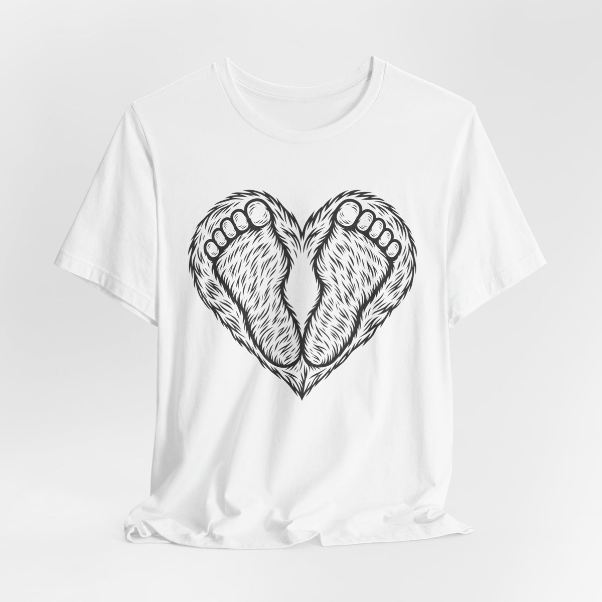 Bigfoot Feet Heart Tee in White - funny Sasquatch feet heart shirt, Barely Outdoorsy