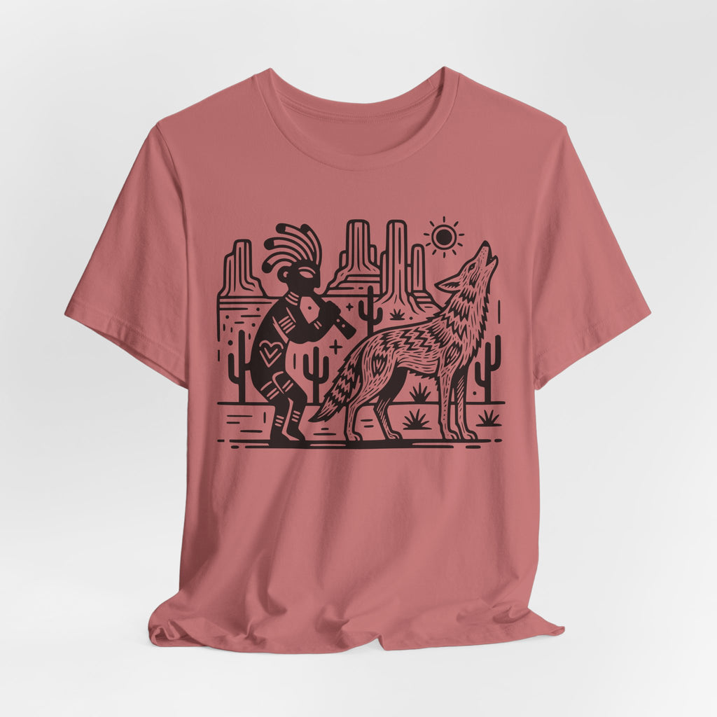 Vintage Coyote Kokopelli T-Shirt flat lay Dark Grey Heather - unisex crew neck Southwest coyote graphic tee, Barely Outdoorsy