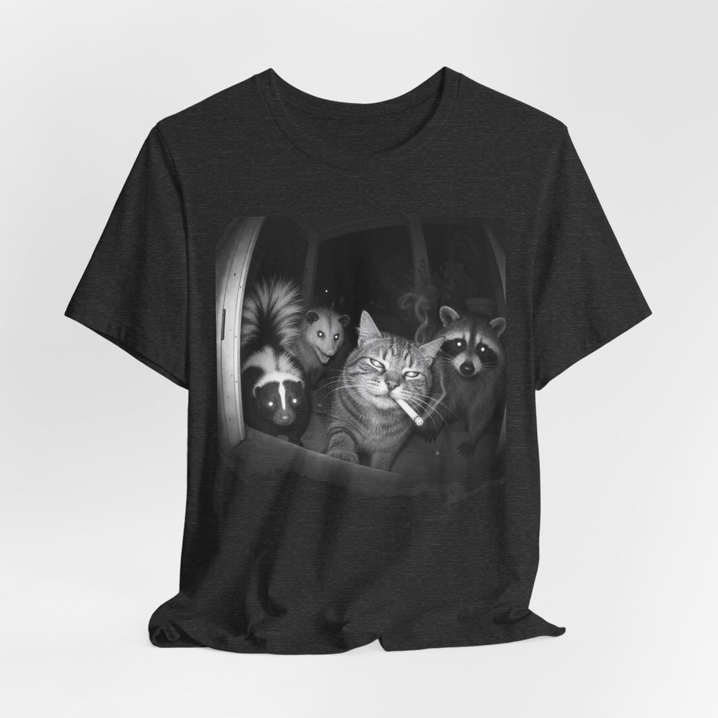 Midnight Trash Crew T-Shirt in Black Heather - funny goblincore raccoon opossum midnight crew graphic tee, Barely Outdoorsy
