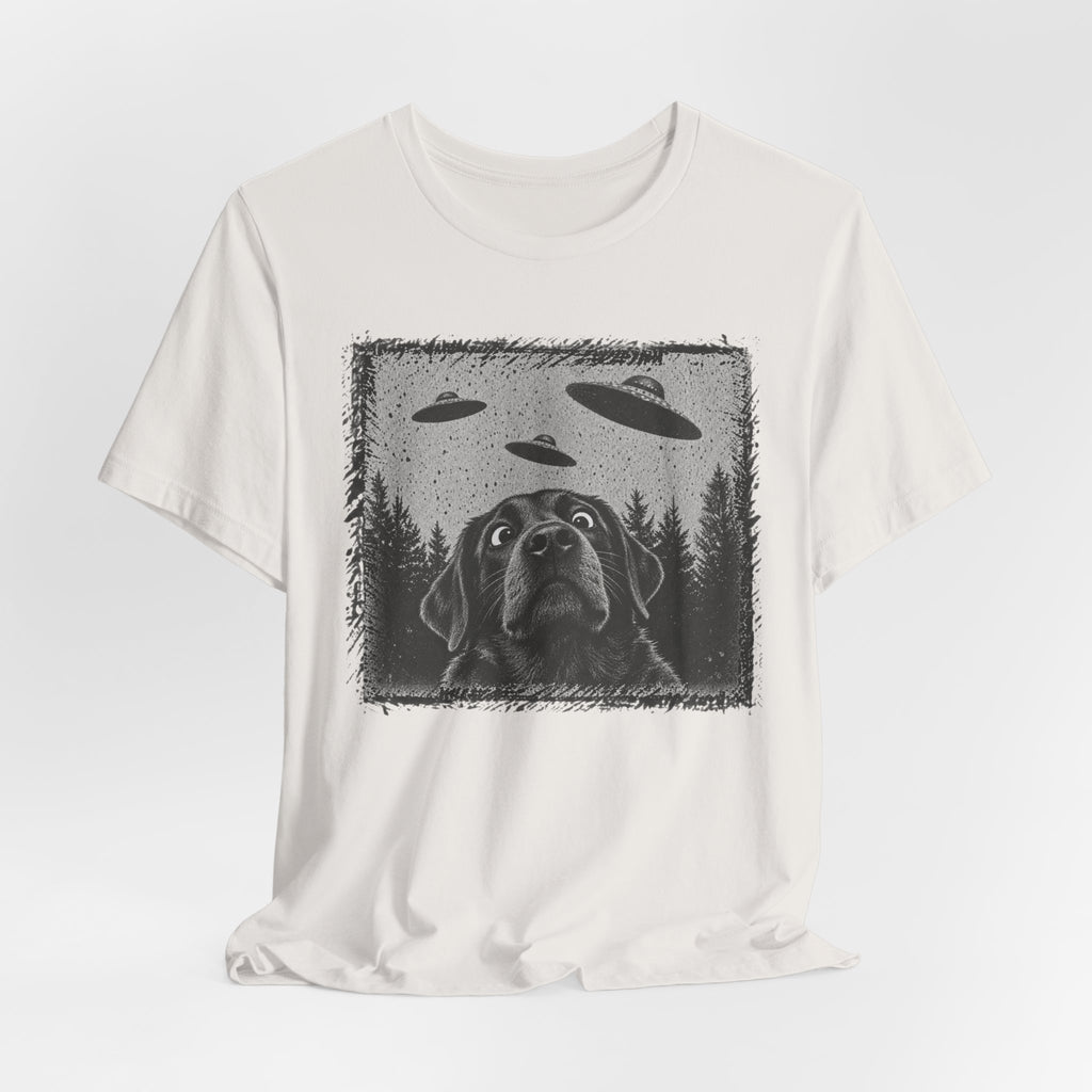 Black Lab UFO T-Shirt in Heather Green - funny black lab UFO alien graphic tee, Barely Outdoorsy Bella Canvas 3001