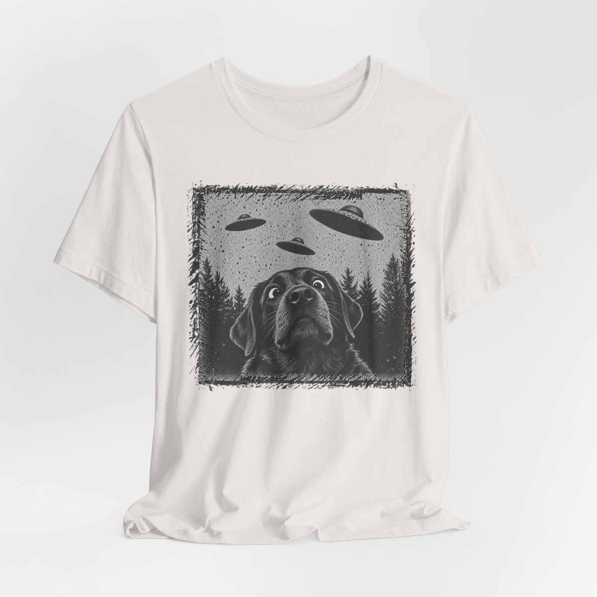 Black Lab UFO T-Shirt in Heather Green - funny black lab UFO alien graphic tee, Barely Outdoorsy Bella Canvas 3001