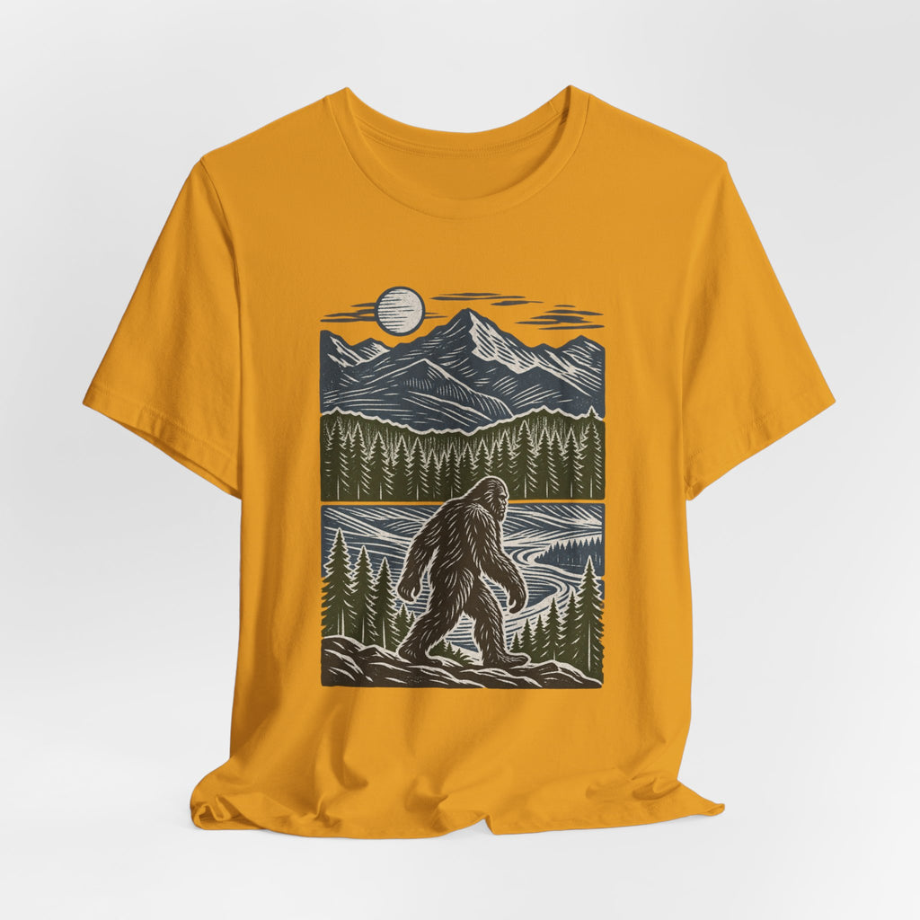 Bigfoot Mountain River Tee in White - Sasquatch mountain river shirt, Barely Outdoorsy Bella Canvas 3001