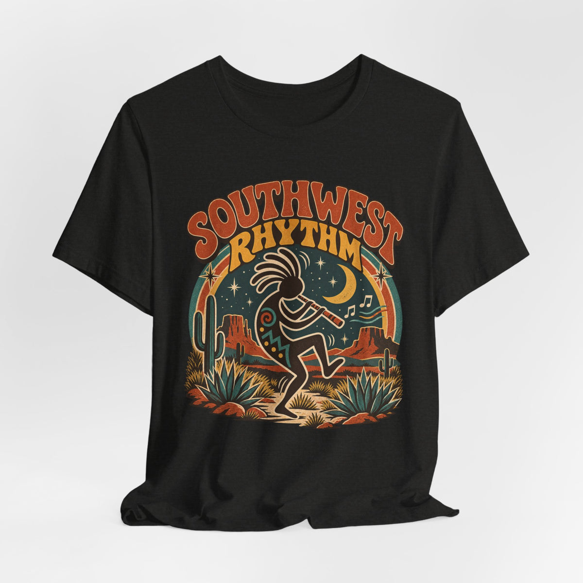 Southwest Rhythm Kokopelli Tee flat lay Athletic Heather - unisex crew neck Kokopelli graphic tee, Barely Outdoorsy