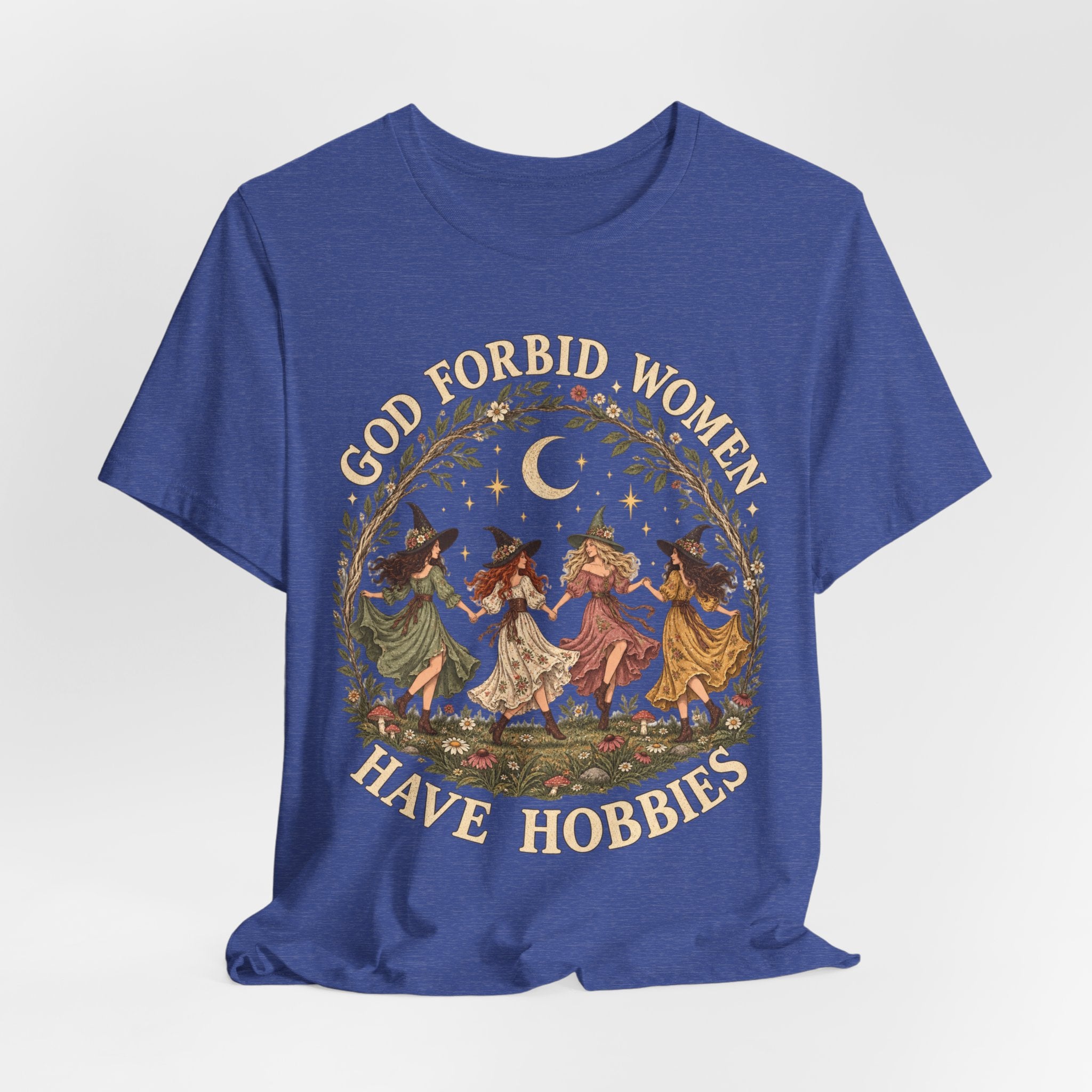 God Forbid Women Have Hobbies T-Shirt flat lay Dark Grey Heather - unisex crew neck witch humor graphic tee, Barely Outdoorsy