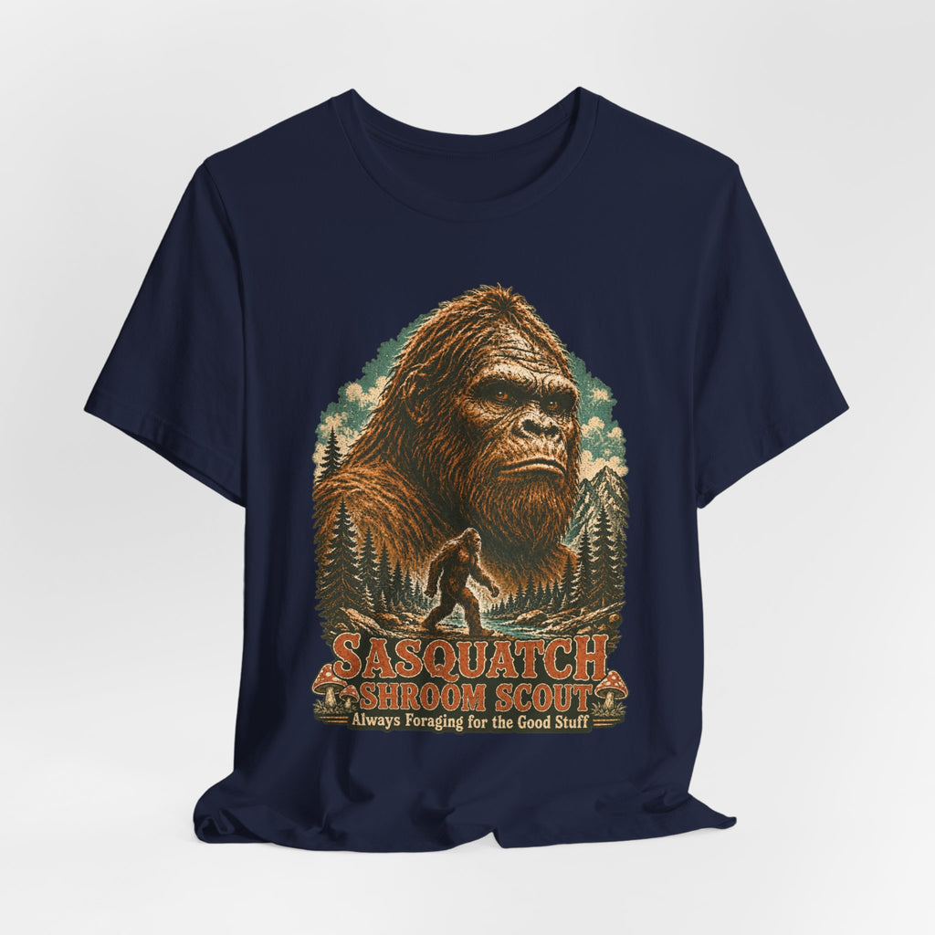 Sasquatch Shroom Scout Tee flat lay Athletic Heather - unisex crew neck Bigfoot mushroom graphic tee, Barely Outdoorsy
