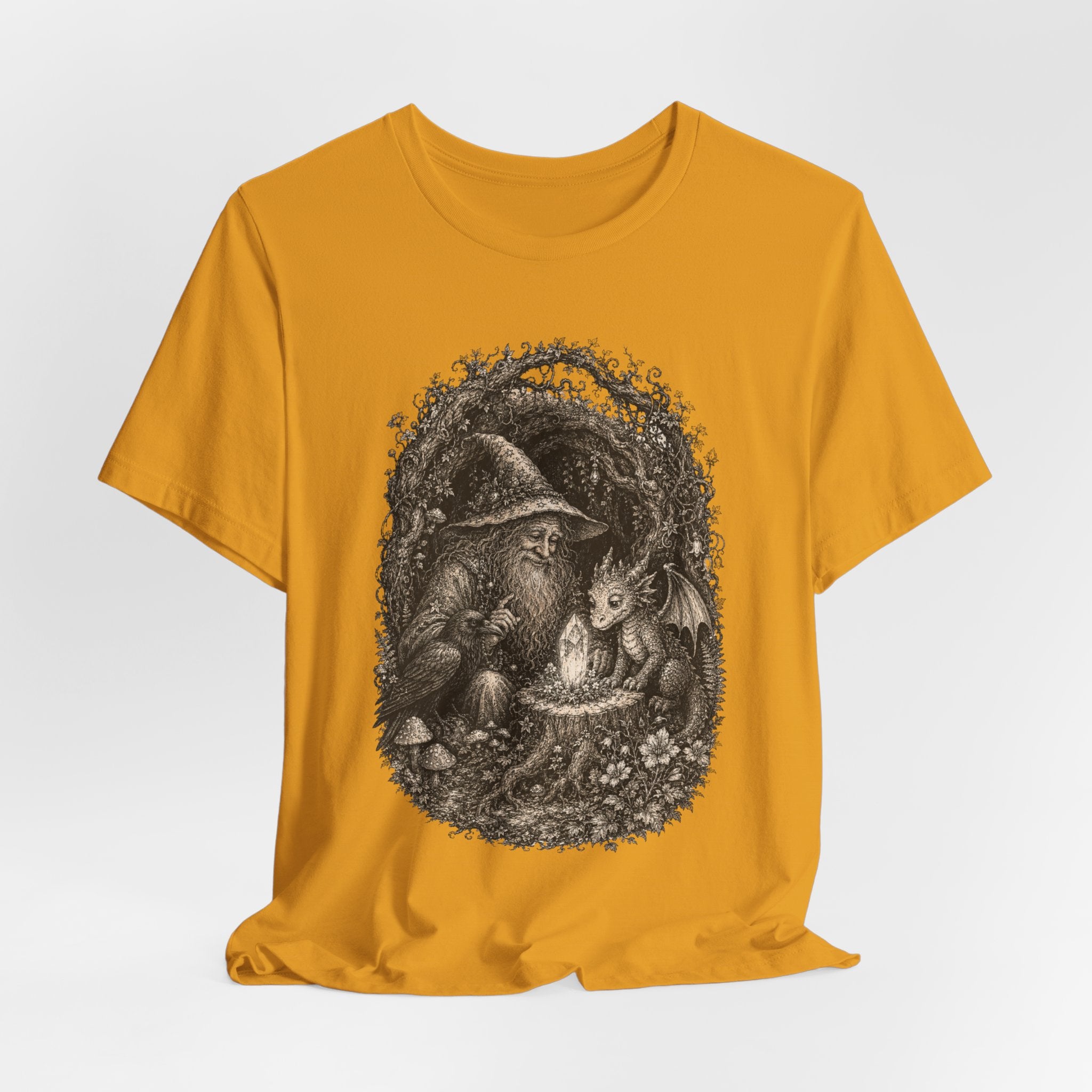 Wizard and Dragon Tee in Heather True Royal - fantasy wizard small dragon scene shirt, Barely Outdoorsy