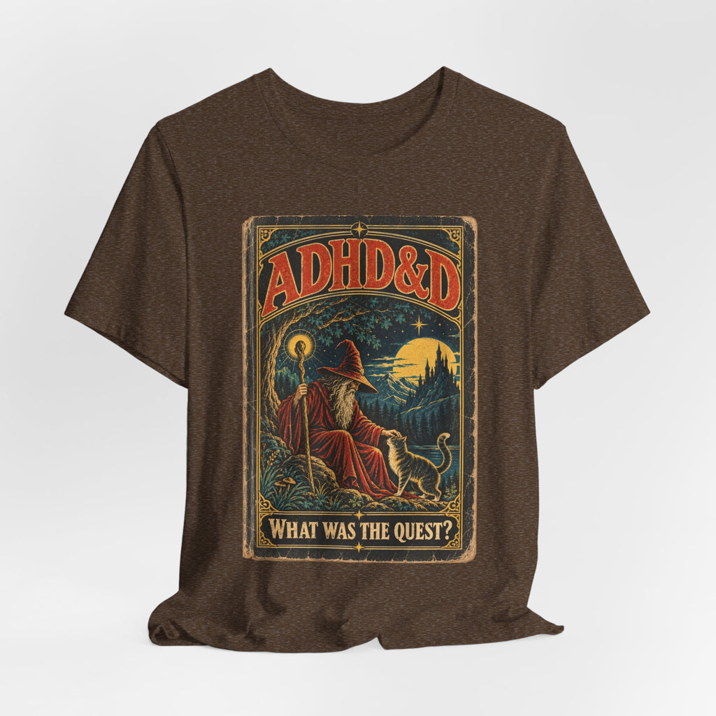 ADHD&D What Was the Quest T-Shirt in Heather Stone - funny ADHD neurodivergent D&D RPG parody graphic tee, Barely Outdoorsy