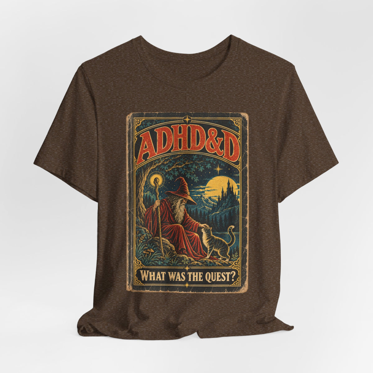 ADHD&D What Was the Quest T-Shirt in Heather Stone - funny ADHD neurodivergent D&D RPG parody graphic tee, Barely Outdoorsy
