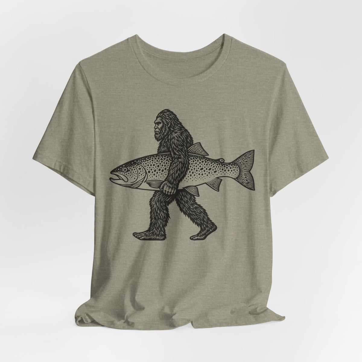 Bigfoot Fishing Sasquatch Trout T-Shirt in Heather Raspberry - funny Bigfoot fishing Sasquatch trout fisherman graphic tee, Barely Outdoorsy