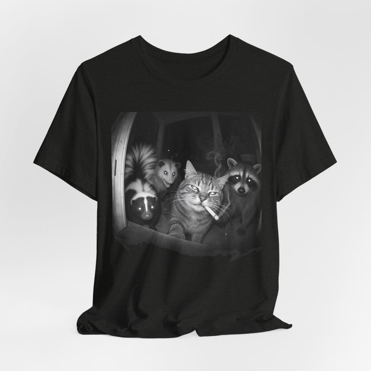 Midnight Trash Crew T-Shirt in Heather Maroon - funny goblincore raccoon opossum midnight crew graphic tee, Barely Outdoorsy