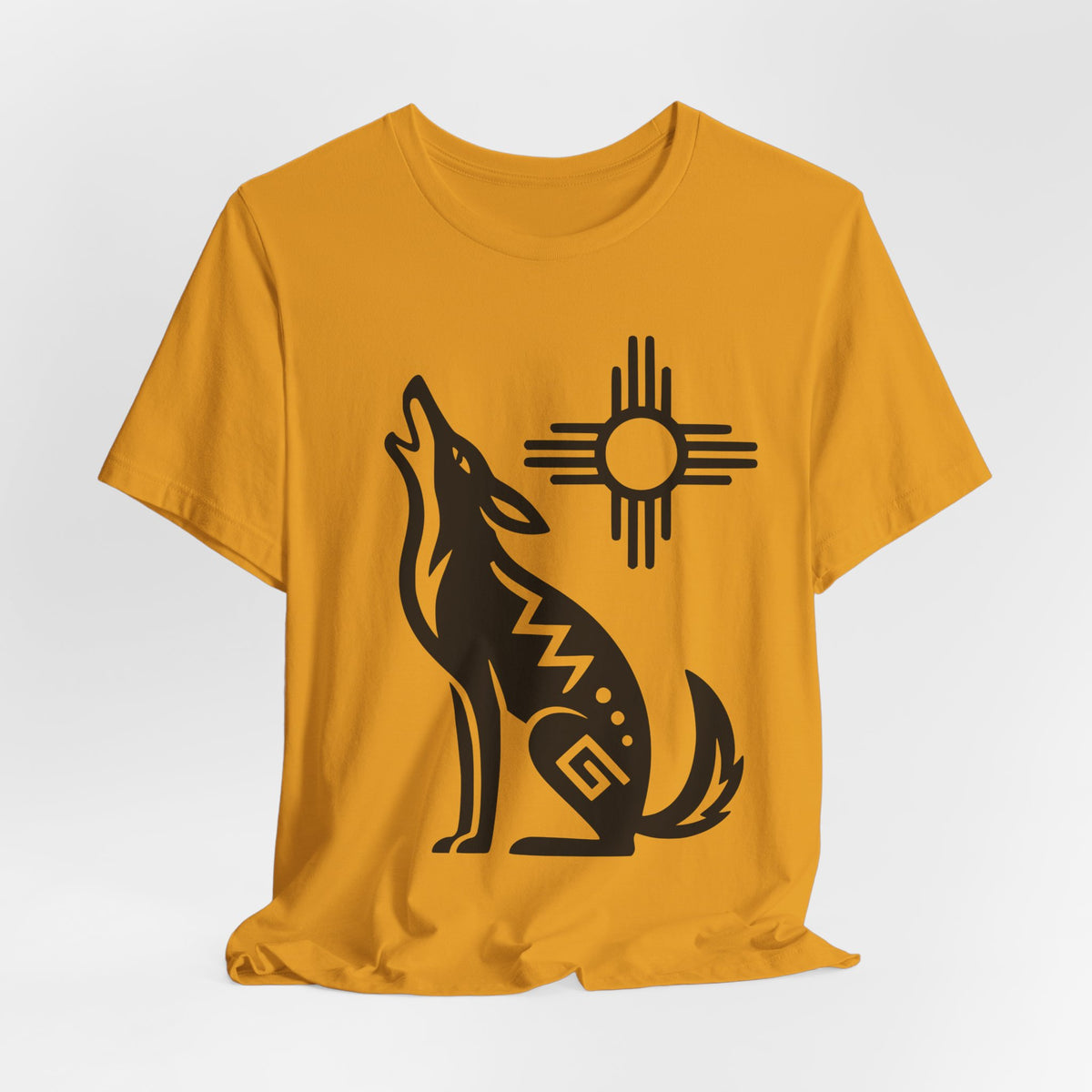 Southwest Zia Sun Coyote T-Shirt in Dark Grey Heather - retro coyote Zia sun desert graphic tee, Barely Outdoorsy Bella Canvas 3001