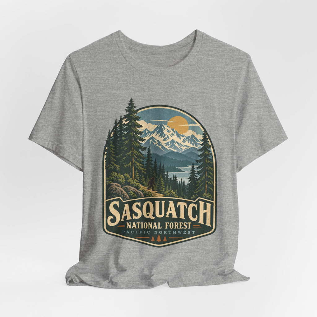 Sasquatch National Forest Tee in Heather True Royal - retro Bigfoot national park shirt, Barely Outdoorsy