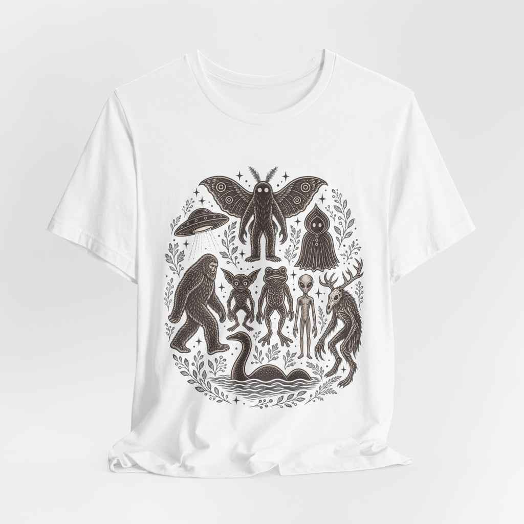 Legendary Cryptid Roster T-Shirt in Athletic Heather - funny cryptid roster lineup graphic tee, Barely Outdoorsy Bella Canvas 3001