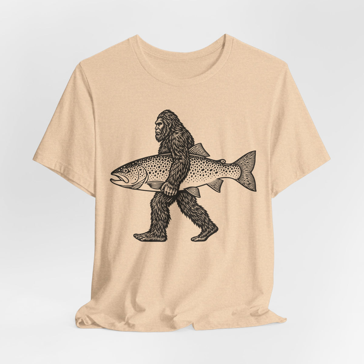Bigfoot Fishing Sasquatch Trout T-Shirt in Heather Cool Grey - funny Bigfoot fishing Sasquatch trout fisherman graphic tee, Barely Outdoorsy
