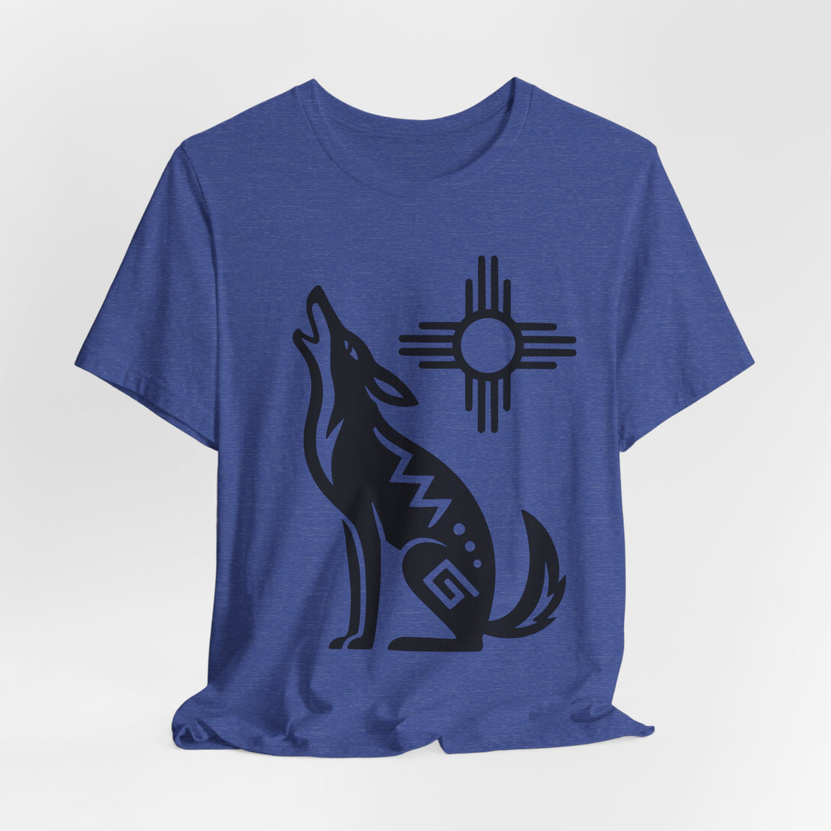 Southwest Zia Sun Coyote T-Shirt in Heather True Royal detail - coyote Zia sun close-up graphic, Barely Outdoorsy Bella Canvas 3001